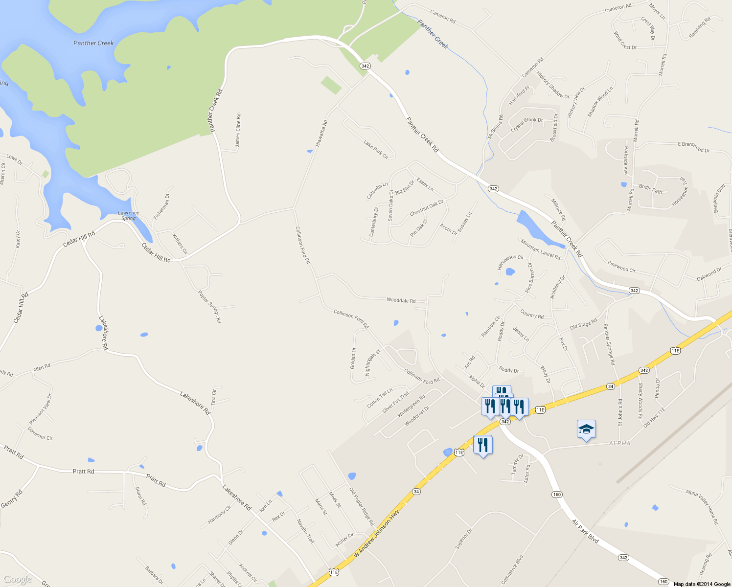 map of restaurants, bars, coffee shops, grocery stores, and more near 1226 Wooddale Road in Morristown