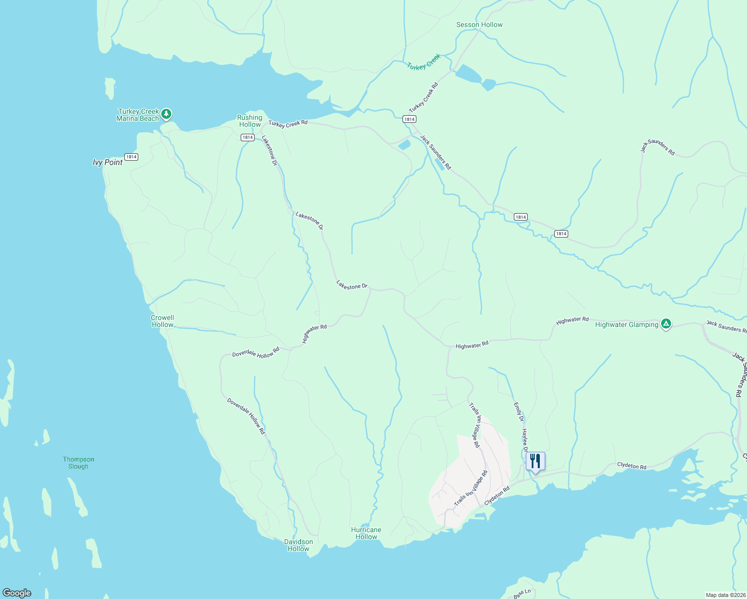 map of restaurants, bars, coffee shops, grocery stores, and more near Highwater Road in Waverly