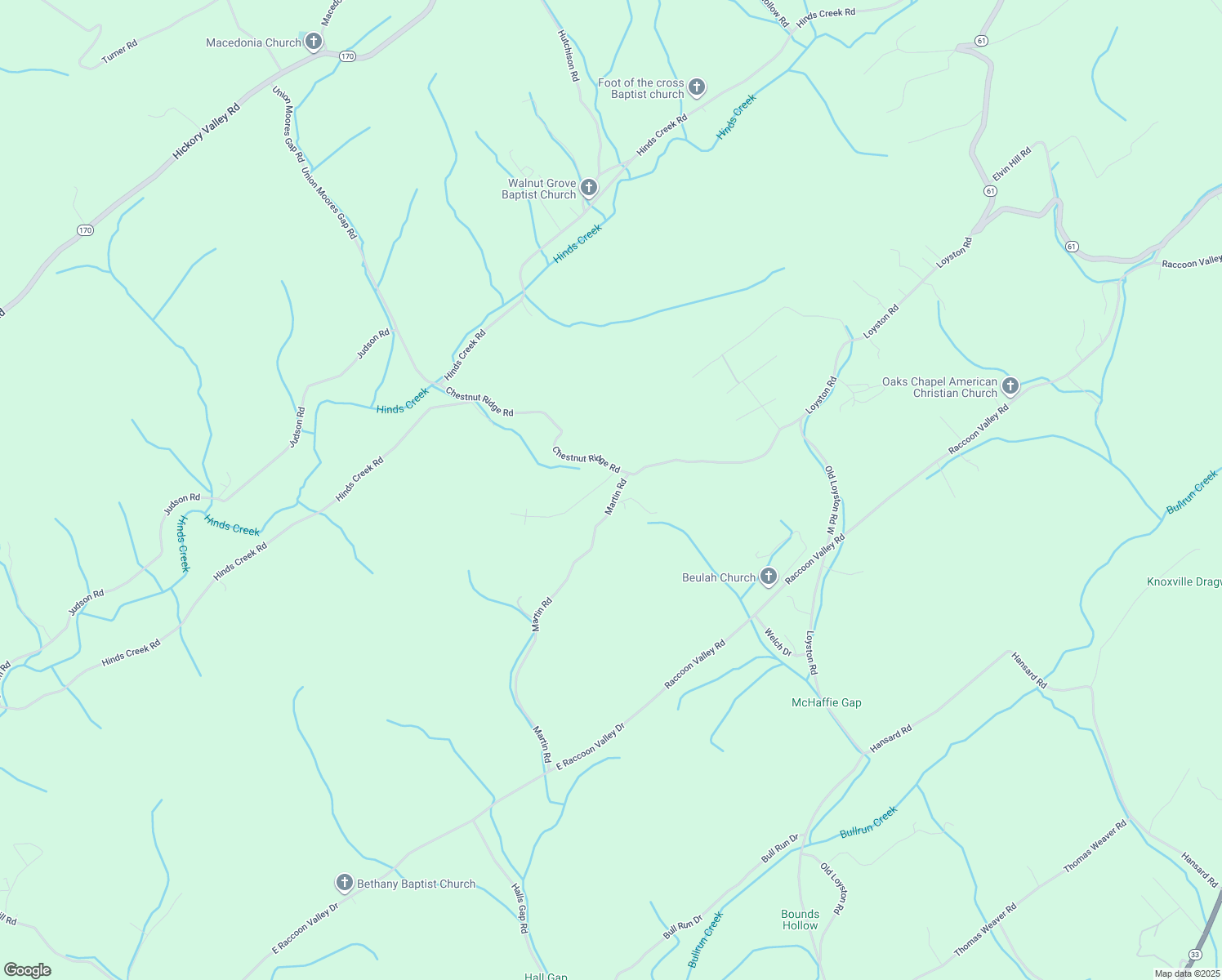 map of restaurants, bars, coffee shops, grocery stores, and more near 121 Martin Road in Maynardville