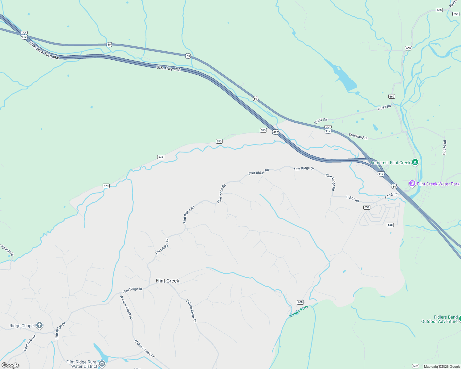 map of restaurants, bars, coffee shops, grocery stores, and more near 16230 Flint Ridge Road in Colcord