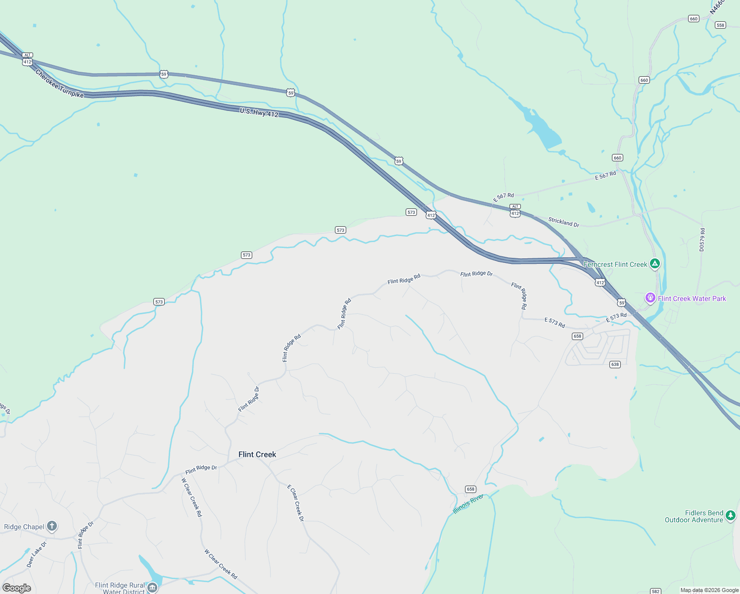 map of restaurants, bars, coffee shops, grocery stores, and more near 16230 Flint Ridge Road in Colcord