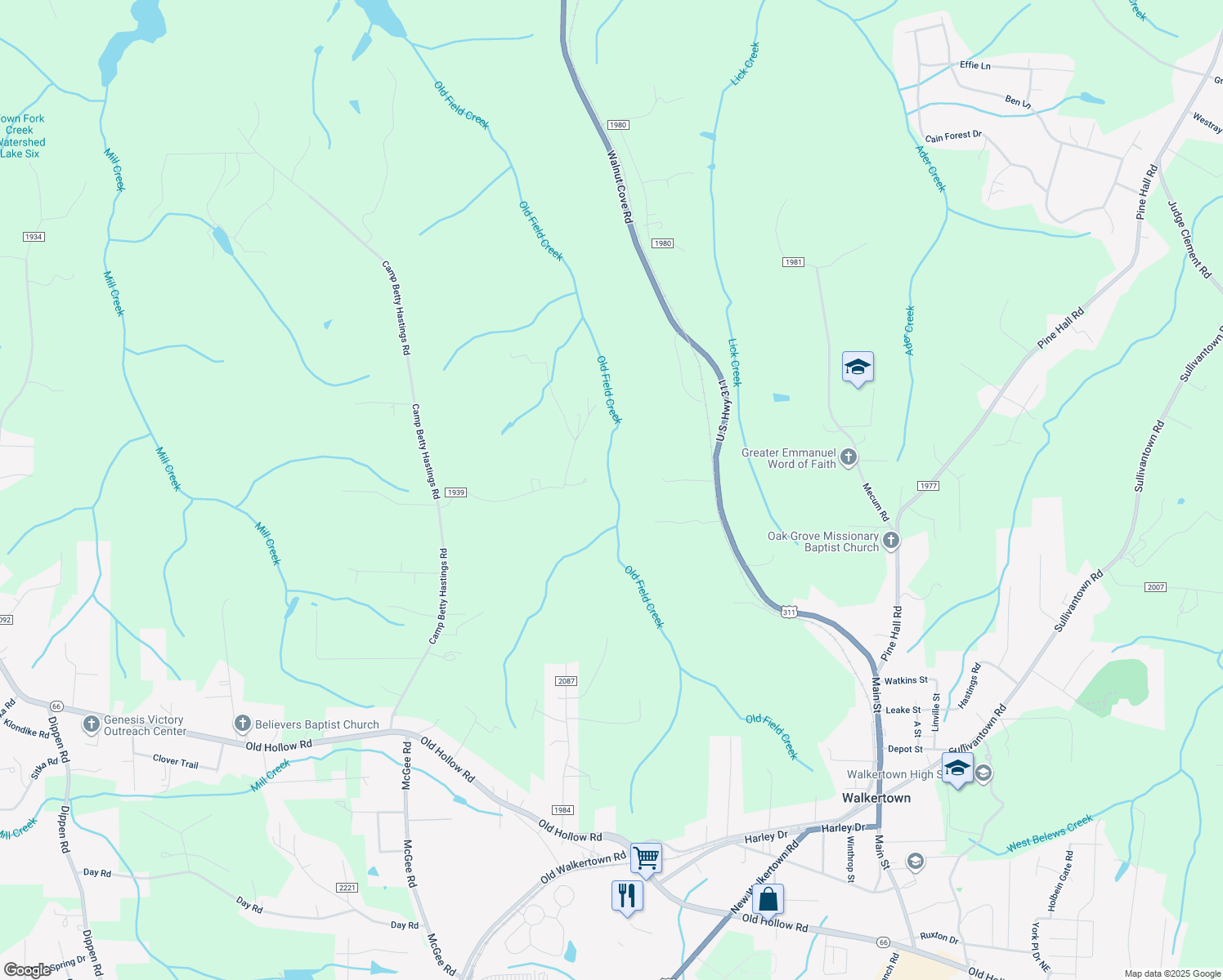 map of restaurants, bars, coffee shops, grocery stores, and more near 4820 Talley Road in Walkertown
