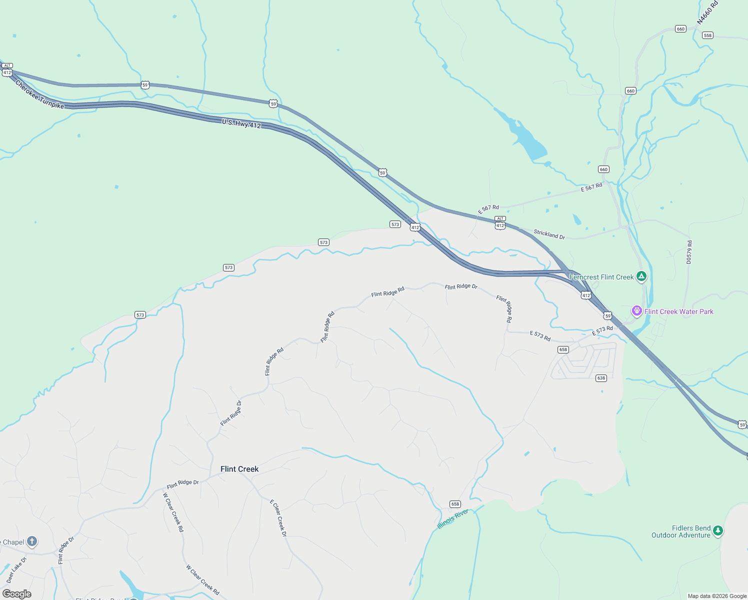 map of restaurants, bars, coffee shops, grocery stores, and more near 16230 Flint Ridge Road in Colcord
