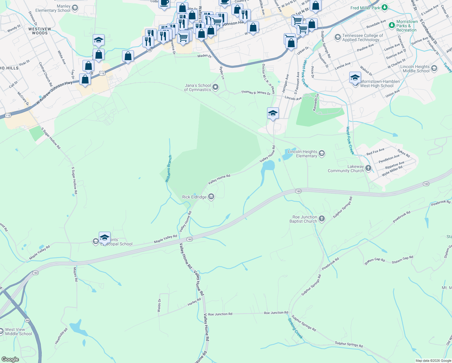 map of restaurants, bars, coffee shops, grocery stores, and more near 1169 Valley Home Road in Morristown
