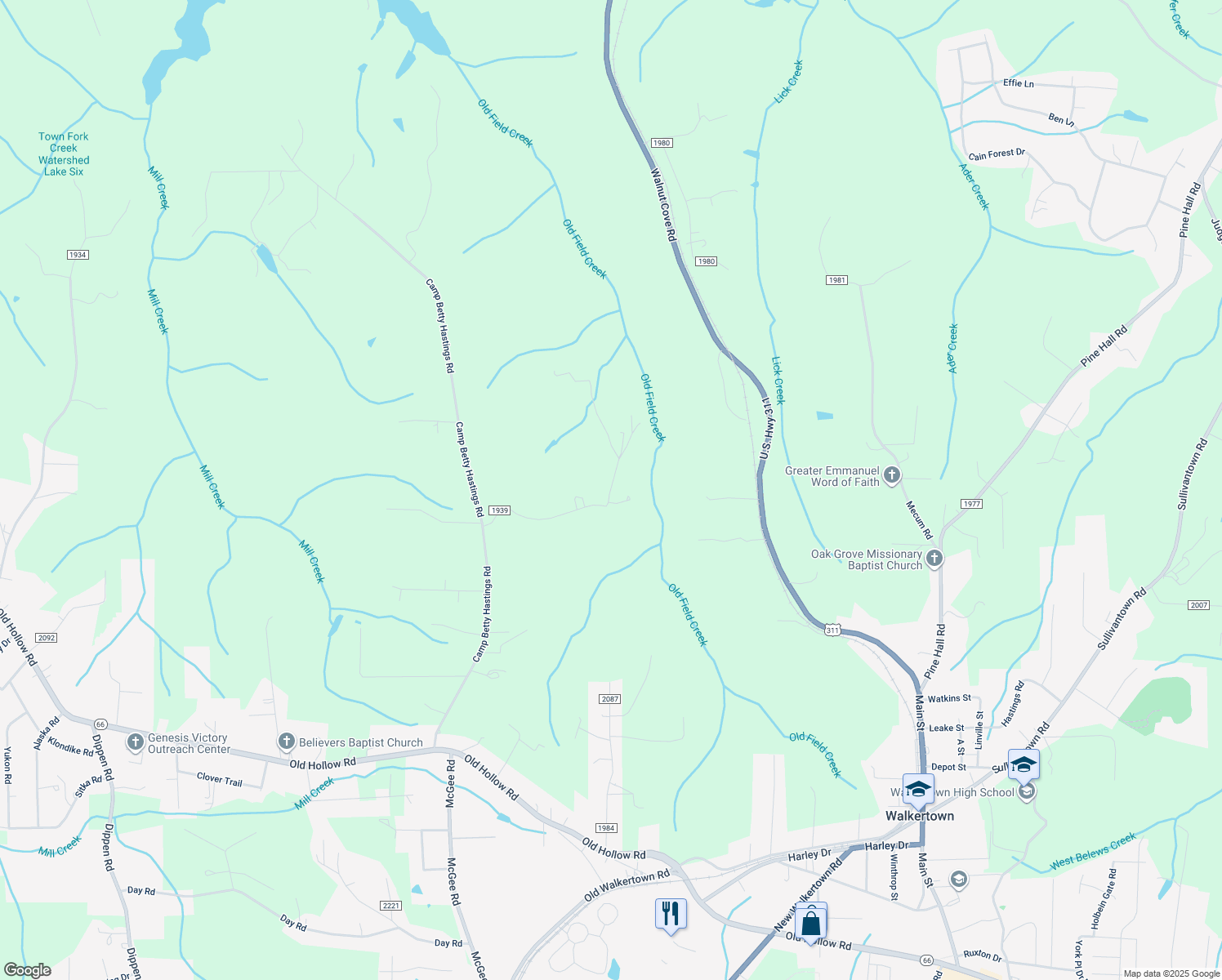 map of restaurants, bars, coffee shops, grocery stores, and more near 4820 Talley Road in Walkertown