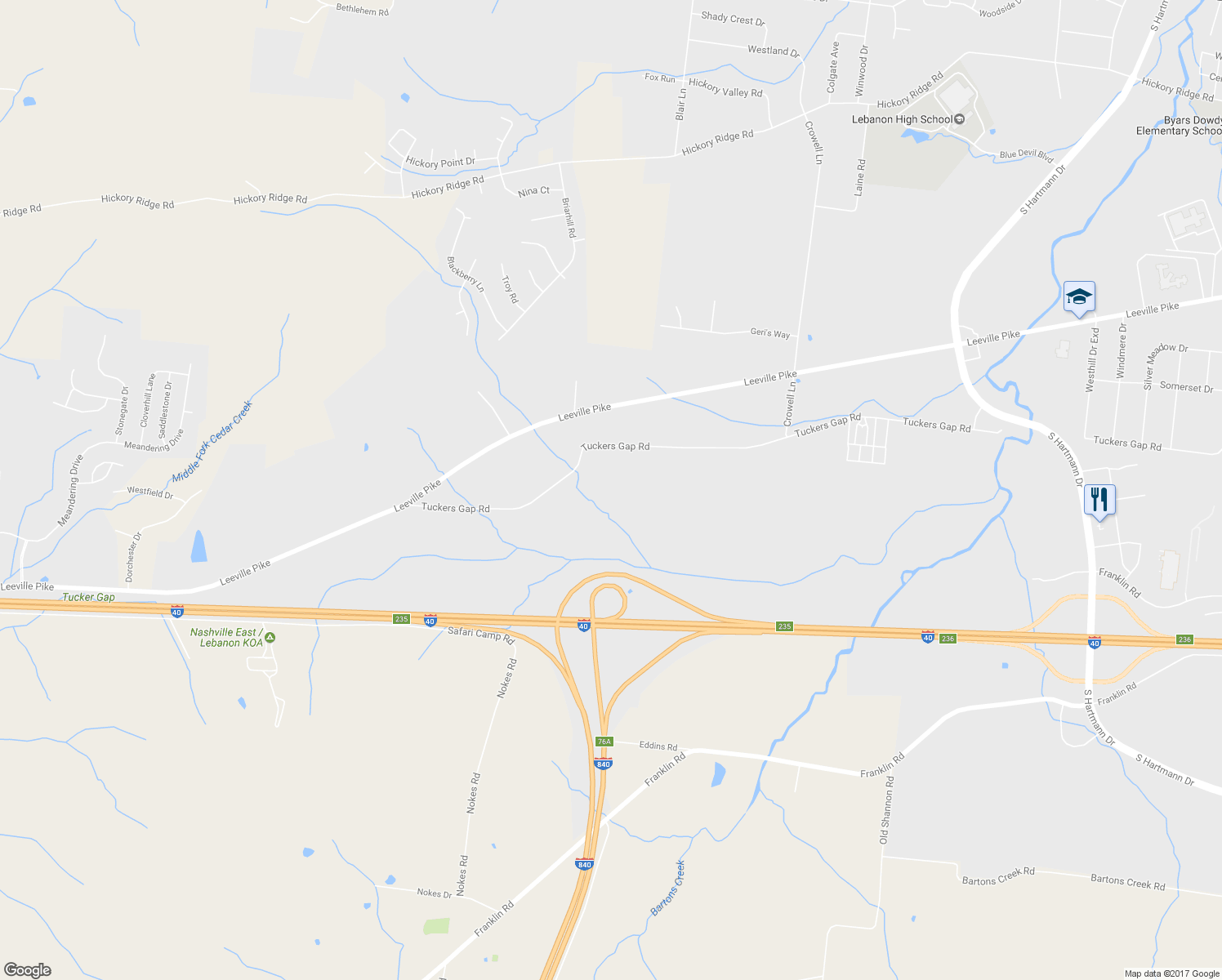 map of restaurants, bars, coffee shops, grocery stores, and more near 2280 Tuckers Gap Road in Lebanon