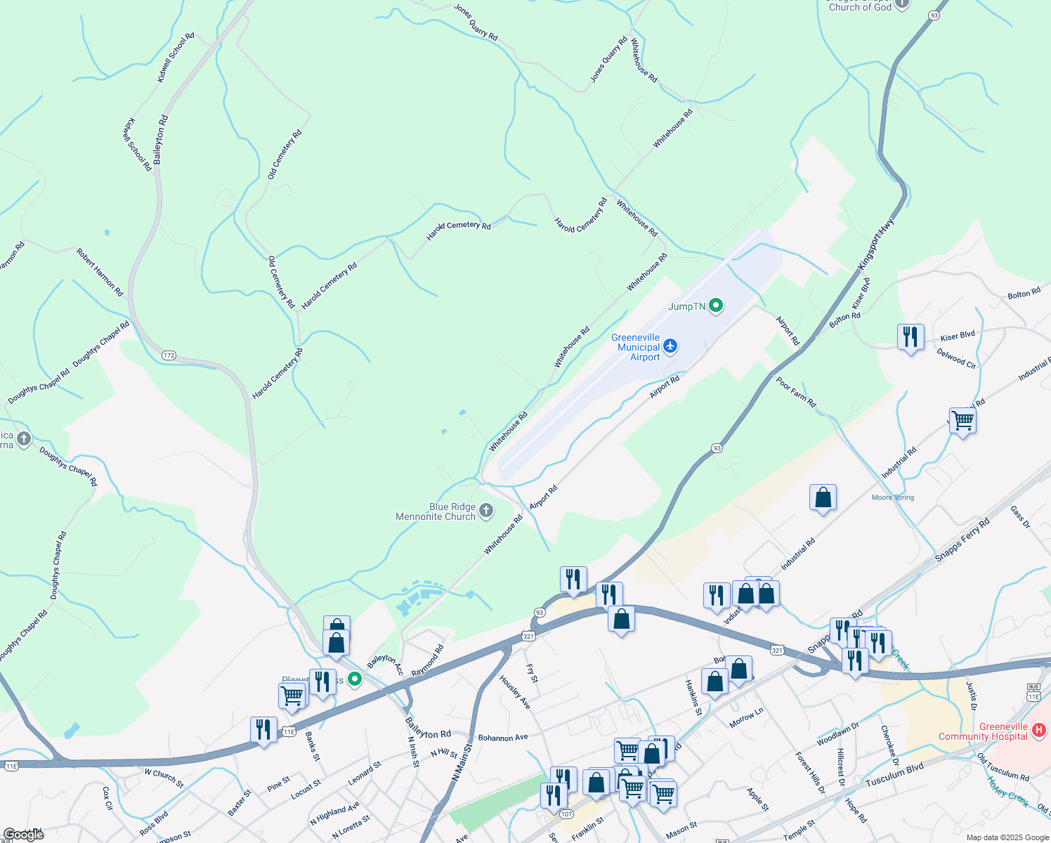 map of restaurants, bars, coffee shops, grocery stores, and more near 1120 Whitehouse Road in Greeneville