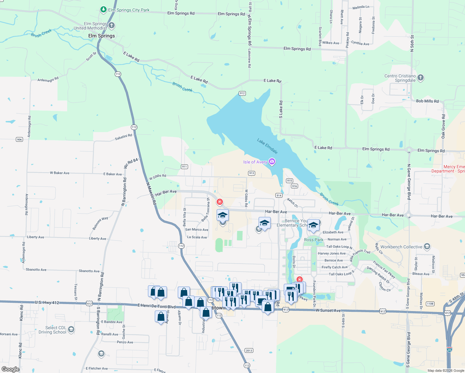 map of restaurants, bars, coffee shops, grocery stores, and more near 10287 Gibbs Rd in Springdale