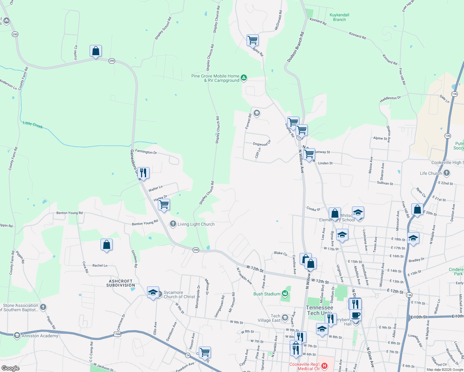 map of restaurants, bars, coffee shops, grocery stores, and more near 1639 Little John Lane in Cookeville