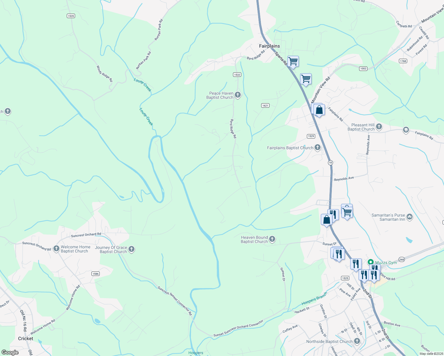 map of restaurants, bars, coffee shops, grocery stores, and more near 239 Byrd Circle in North Wilkesboro
