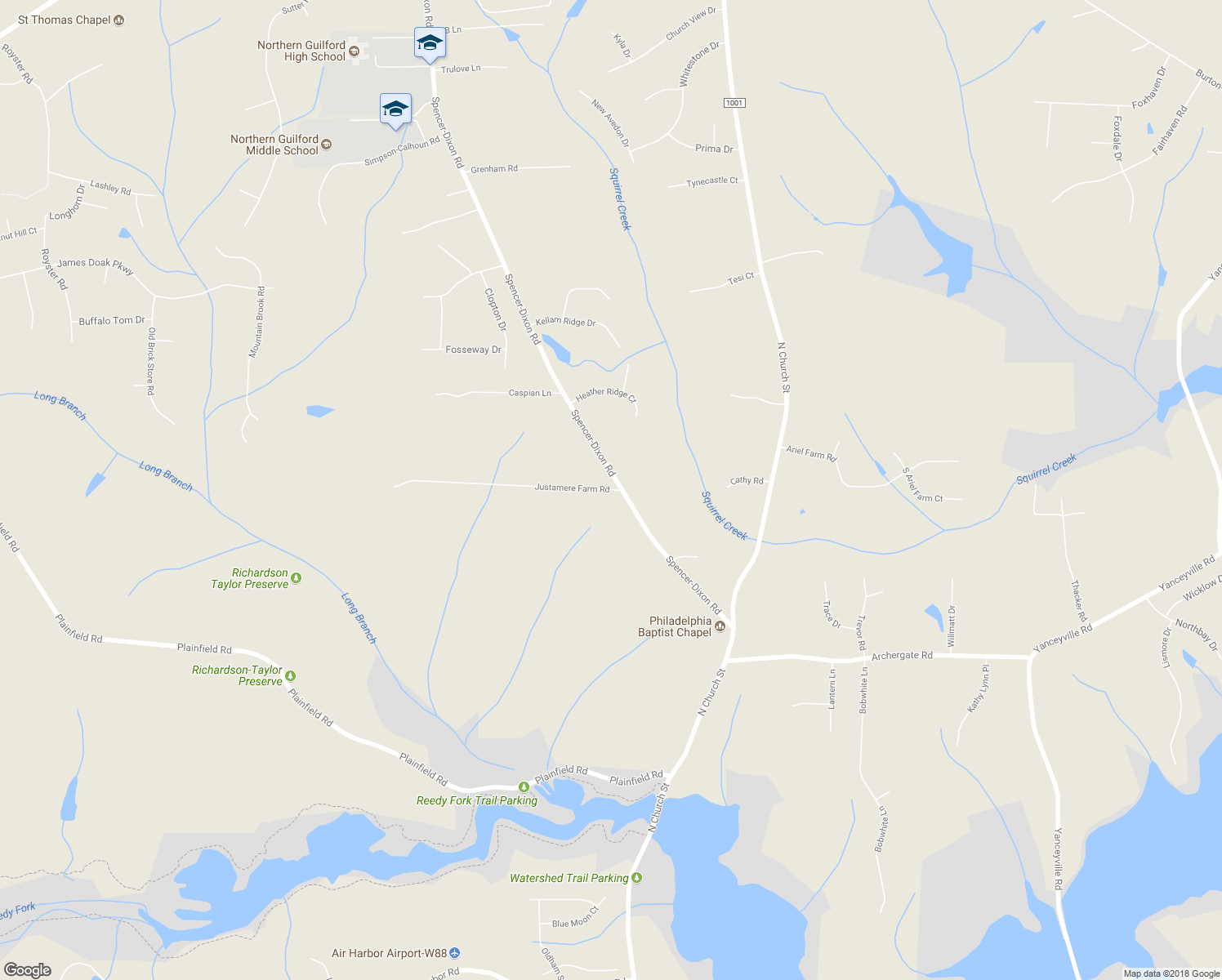 map of restaurants, bars, coffee shops, grocery stores, and more near 405 Justamere Farm Road in Greensboro