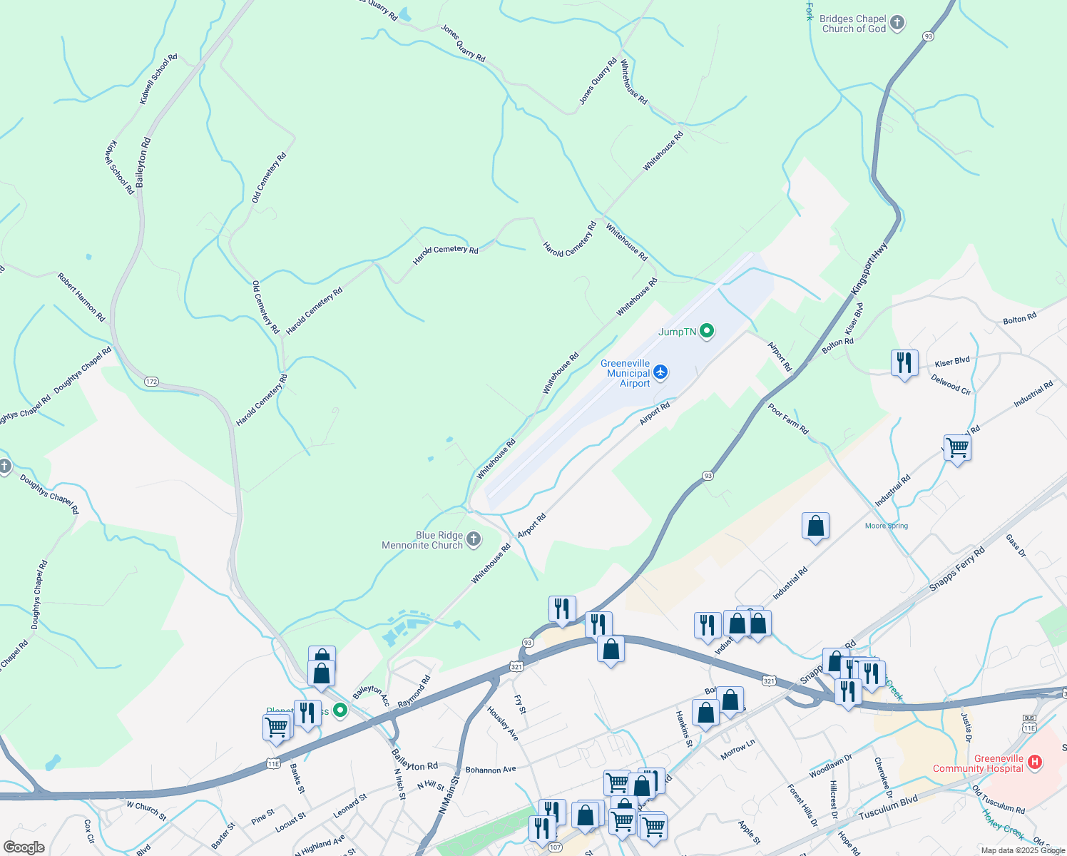 map of restaurants, bars, coffee shops, grocery stores, and more near 1190 Whitehouse Road in Greeneville