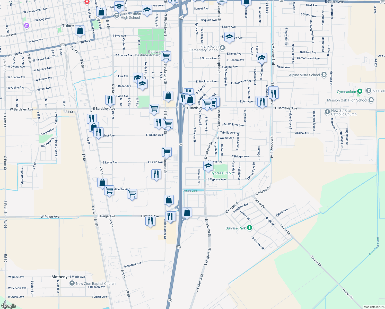 map of restaurants, bars, coffee shops, grocery stores, and more near 1685 S Marion St in Tulare