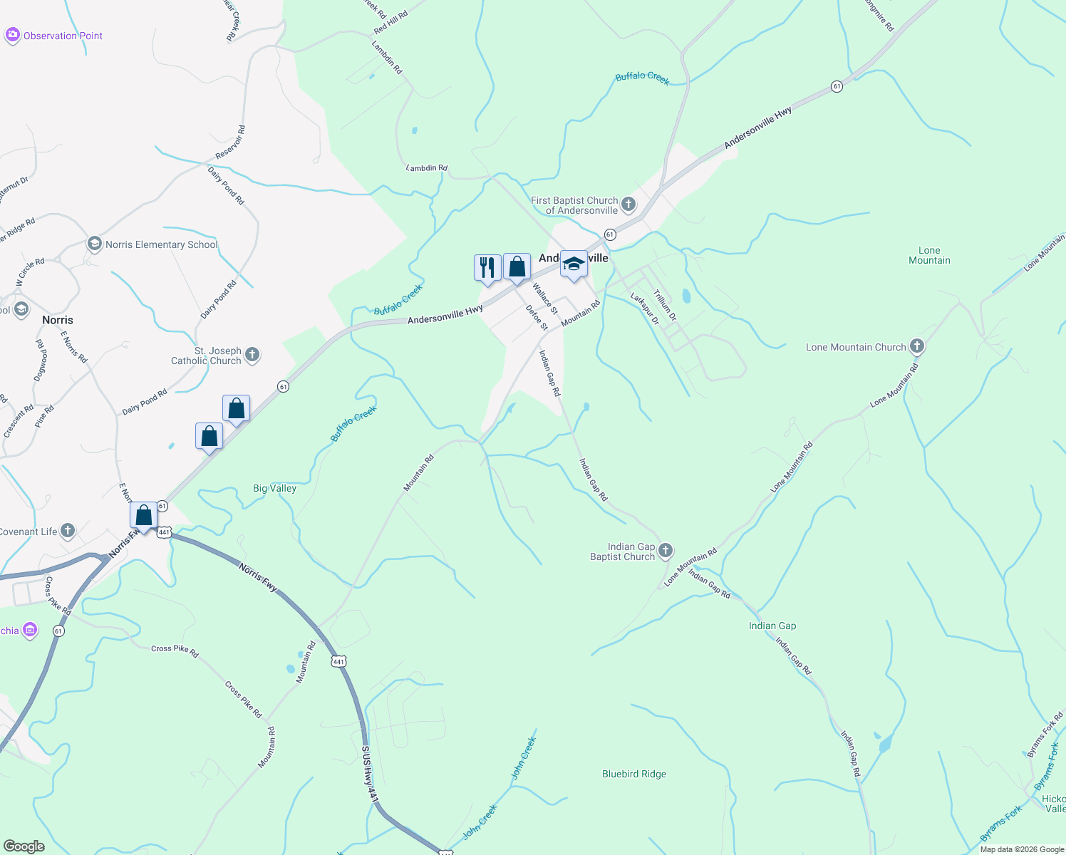 map of restaurants, bars, coffee shops, grocery stores, and more near 1648 Mountain Rd in Andersonville