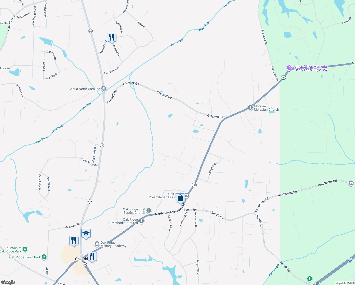 map of restaurants, bars, coffee shops, grocery stores, and more near 2835 Oak Ridge Road in Oak Ridge
