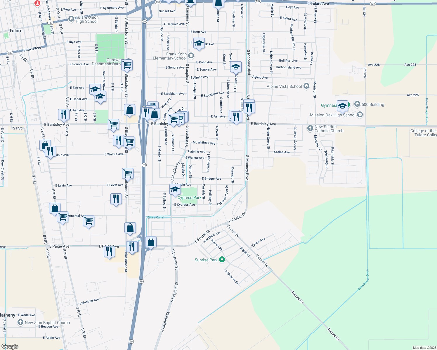 map of restaurants, bars, coffee shops, grocery stores, and more near 1730 S Irwin St in Tulare