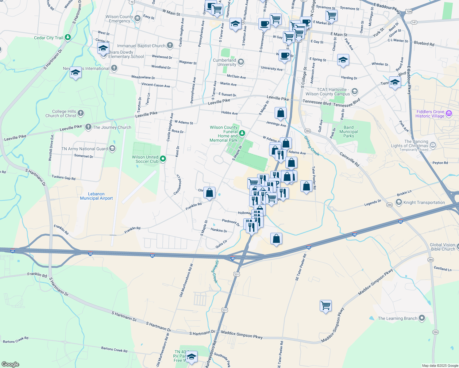 map of restaurants, bars, coffee shops, grocery stores, and more near 215 Ligon Drive in Lebanon