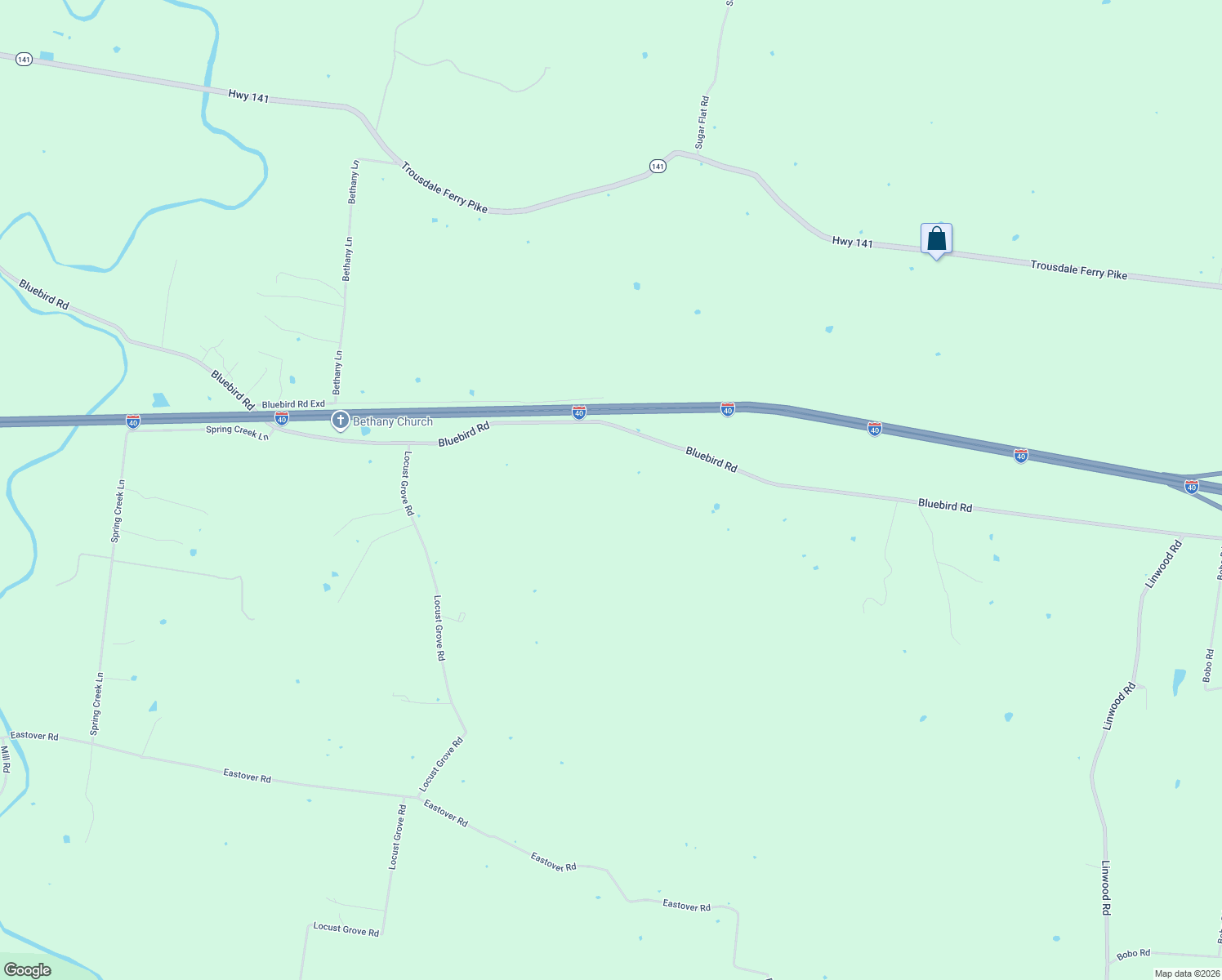 map of restaurants, bars, coffee shops, grocery stores, and more near 4796 Bluebird Road in Lebanon