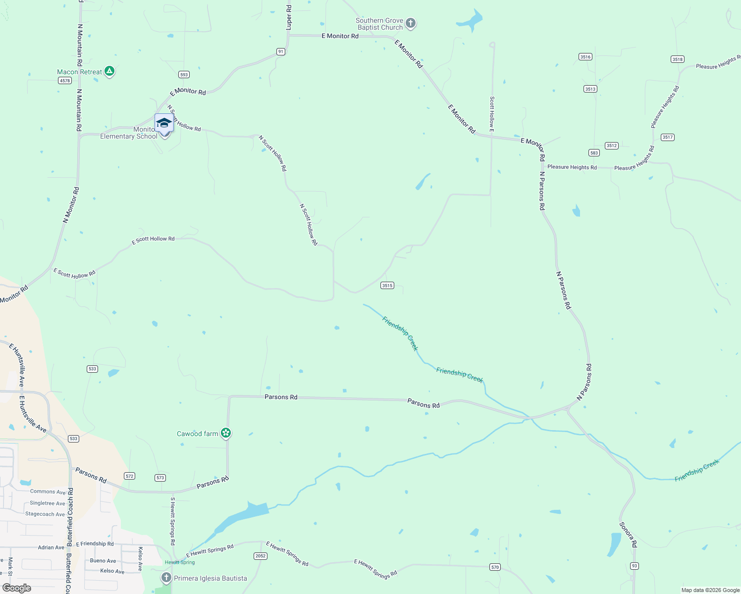 map of restaurants, bars, coffee shops, grocery stores, and more near 16300 County Road 3515 in Springdale