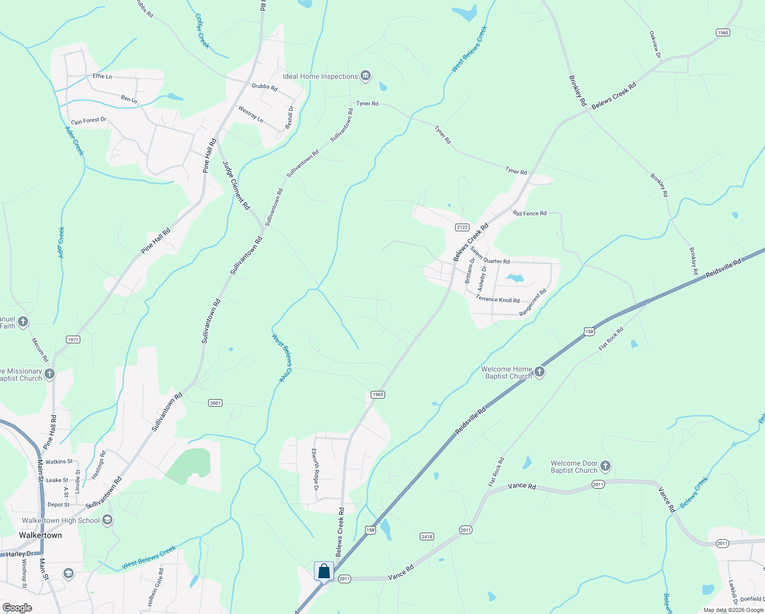 map of restaurants, bars, coffee shops, grocery stores, and more near 6550 Creek Run Road in Walkertown
