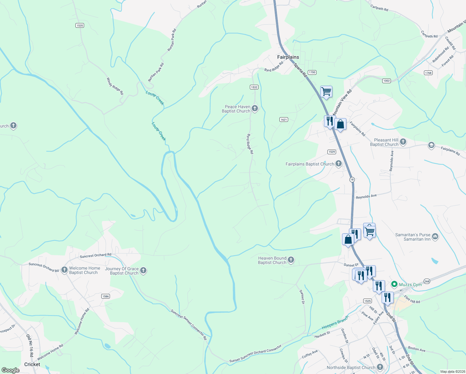 map of restaurants, bars, coffee shops, grocery stores, and more near 239 Byrd Circle in North Wilkesboro