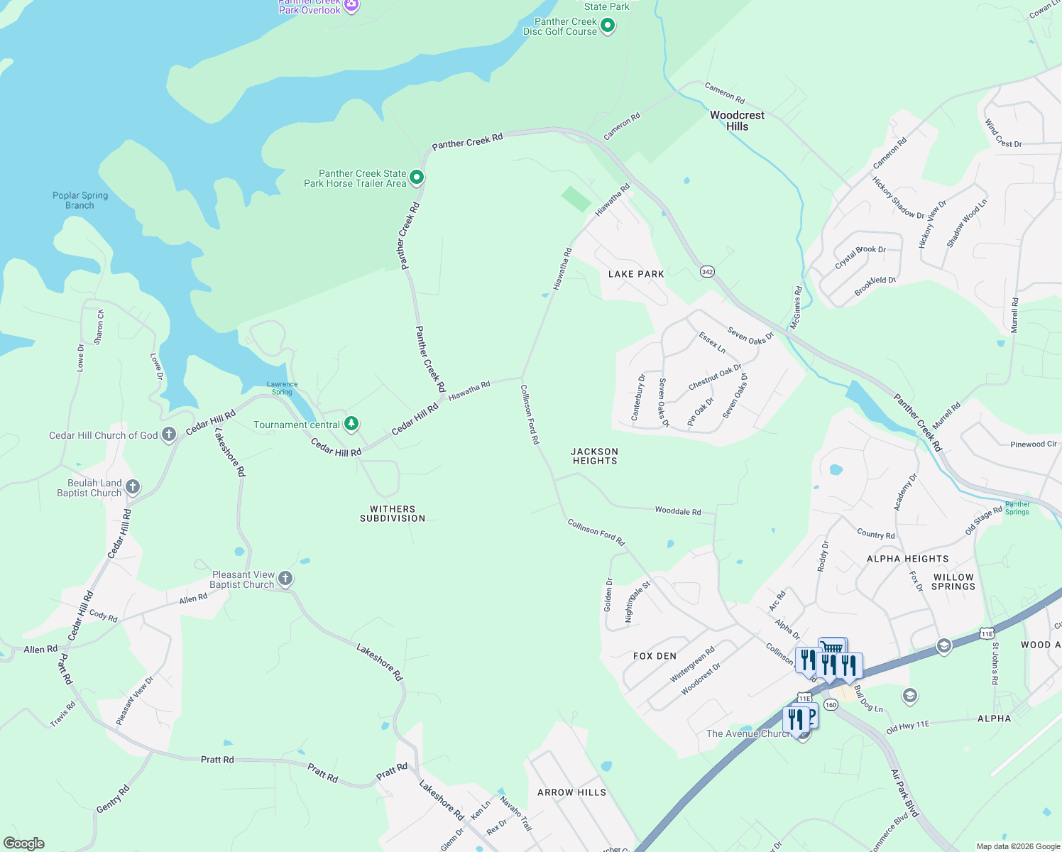 map of restaurants, bars, coffee shops, grocery stores, and more near 1754 Collinson Ford Road in Morristown