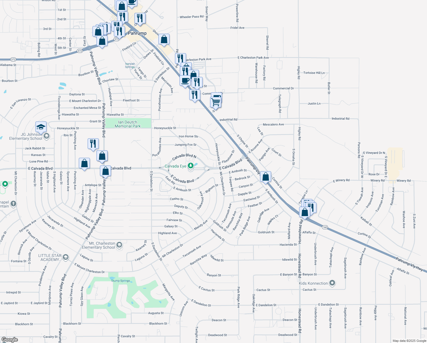 map of restaurants, bars, coffee shops, grocery stores, and more near 2321 East Calvada Boulevard in Pahrump