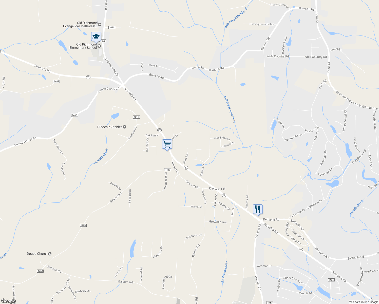 map of restaurants, bars, coffee shops, grocery stores, and more near 7053 Shop Road in Pfafftown