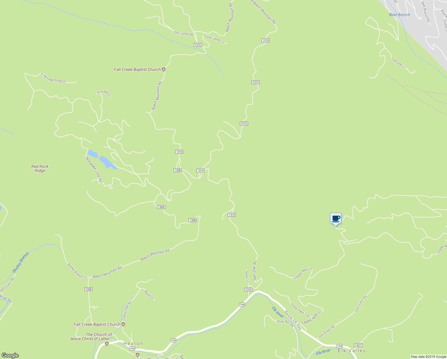 map of restaurants, bars, coffee shops, grocery stores, and more near 1302 Sam Eller Road in Elk Park