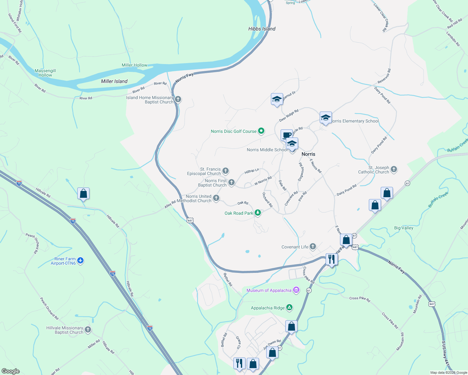 map of restaurants, bars, coffee shops, grocery stores, and more near 145 West Norris Road in Norris