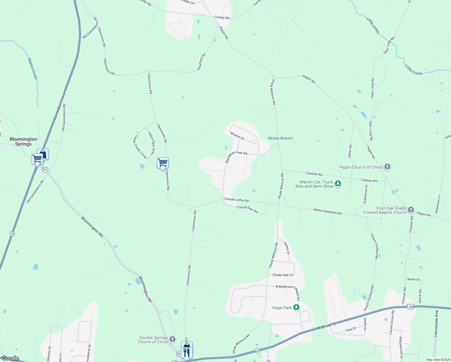 map of restaurants, bars, coffee shops, grocery stores, and more near 1331 Blackburn Fork Rd in Cookeville