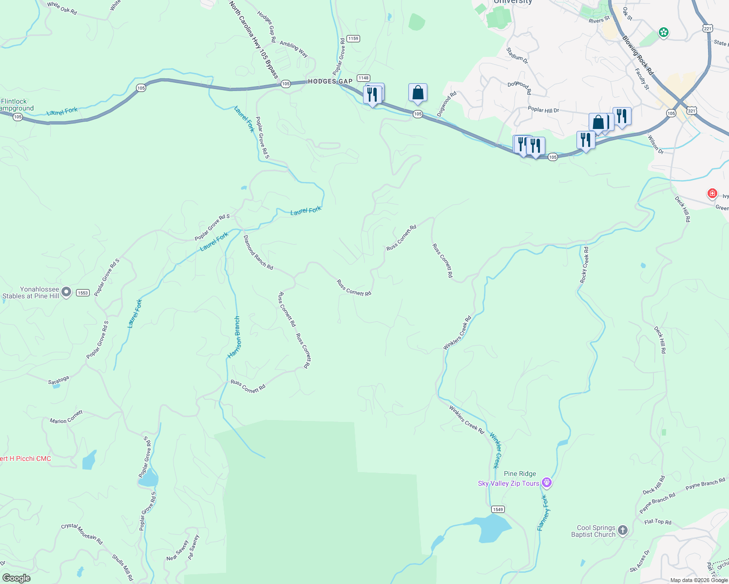 map of restaurants, bars, coffee shops, grocery stores, and more near 1182 Russ Cornett Road in Boone