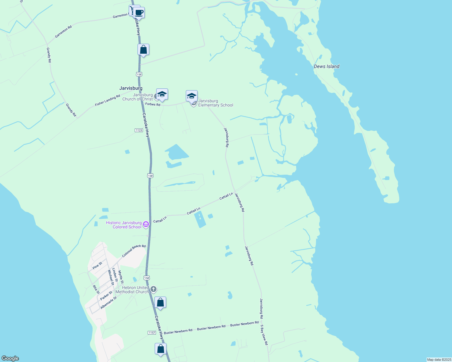 map of restaurants, bars, coffee shops, grocery stores, and more near 350 Jarvisburg Road in Jarvisburg