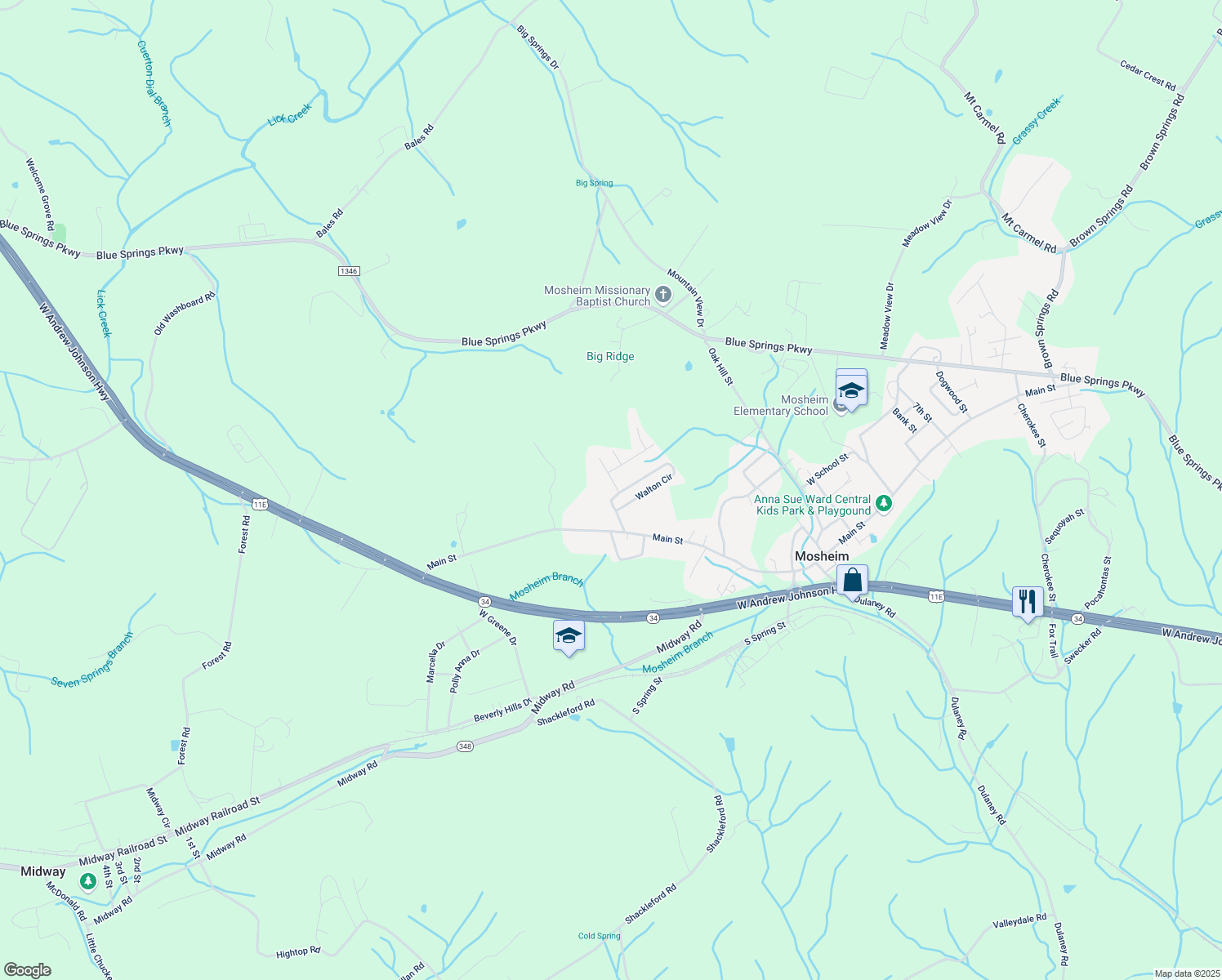 map of restaurants, bars, coffee shops, grocery stores, and more near 115 Westerly Drive in Mosheim