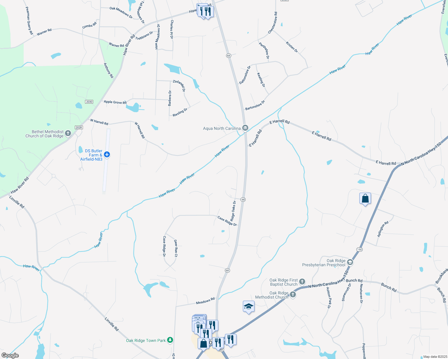 map of restaurants, bars, coffee shops, grocery stores, and more near 8406 Creeks Edge Court in Oak Ridge