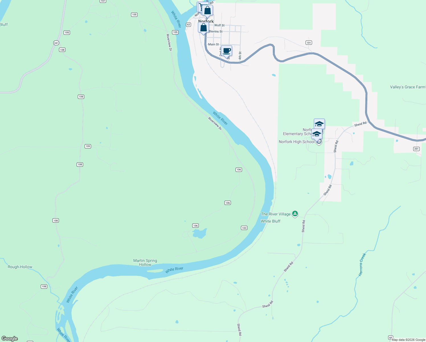 map of restaurants, bars, coffee shops, grocery stores, and more near 85 Co Road 106 in Norfork