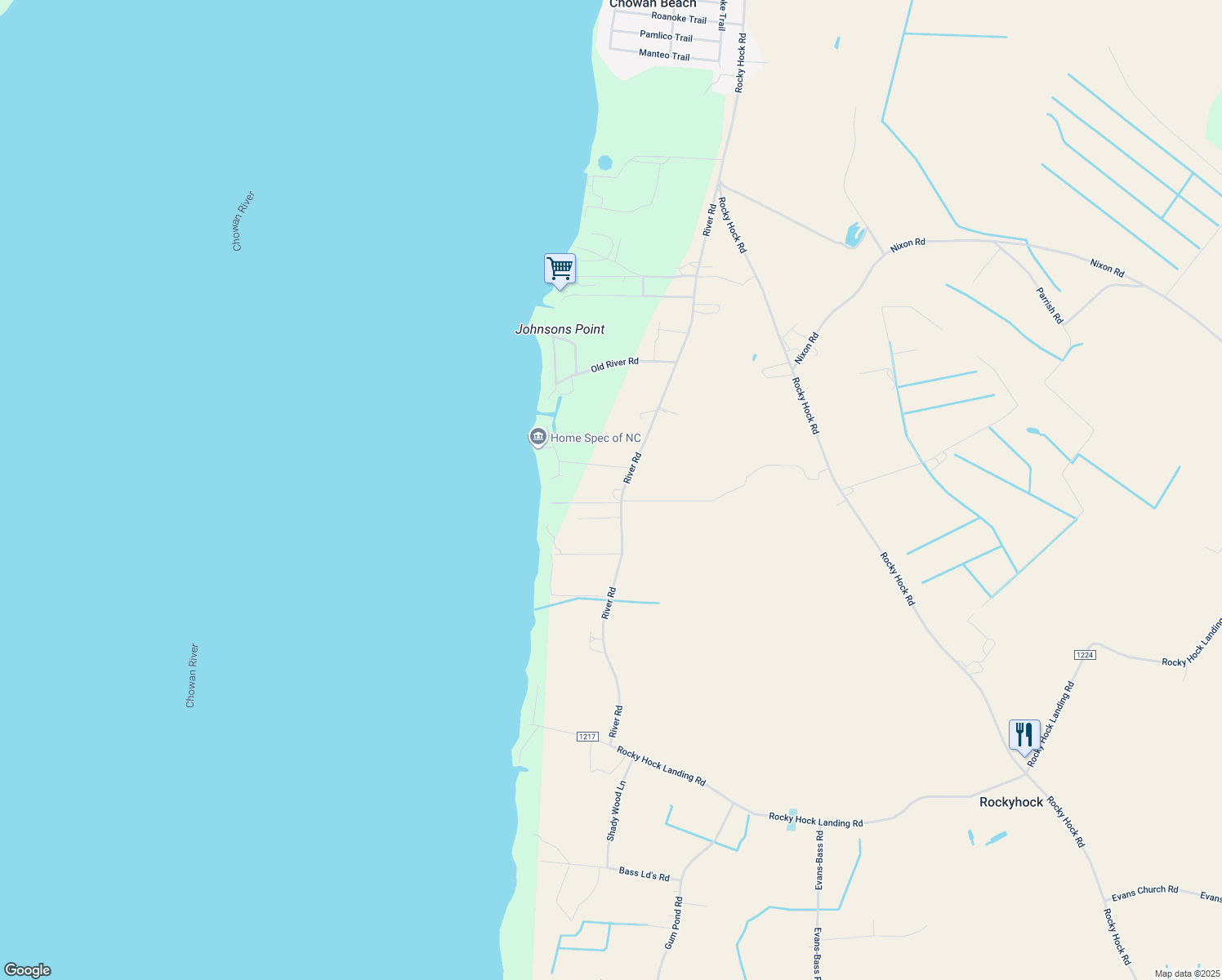 map of restaurants, bars, coffee shops, grocery stores, and more near 235 River Rd in Edenton