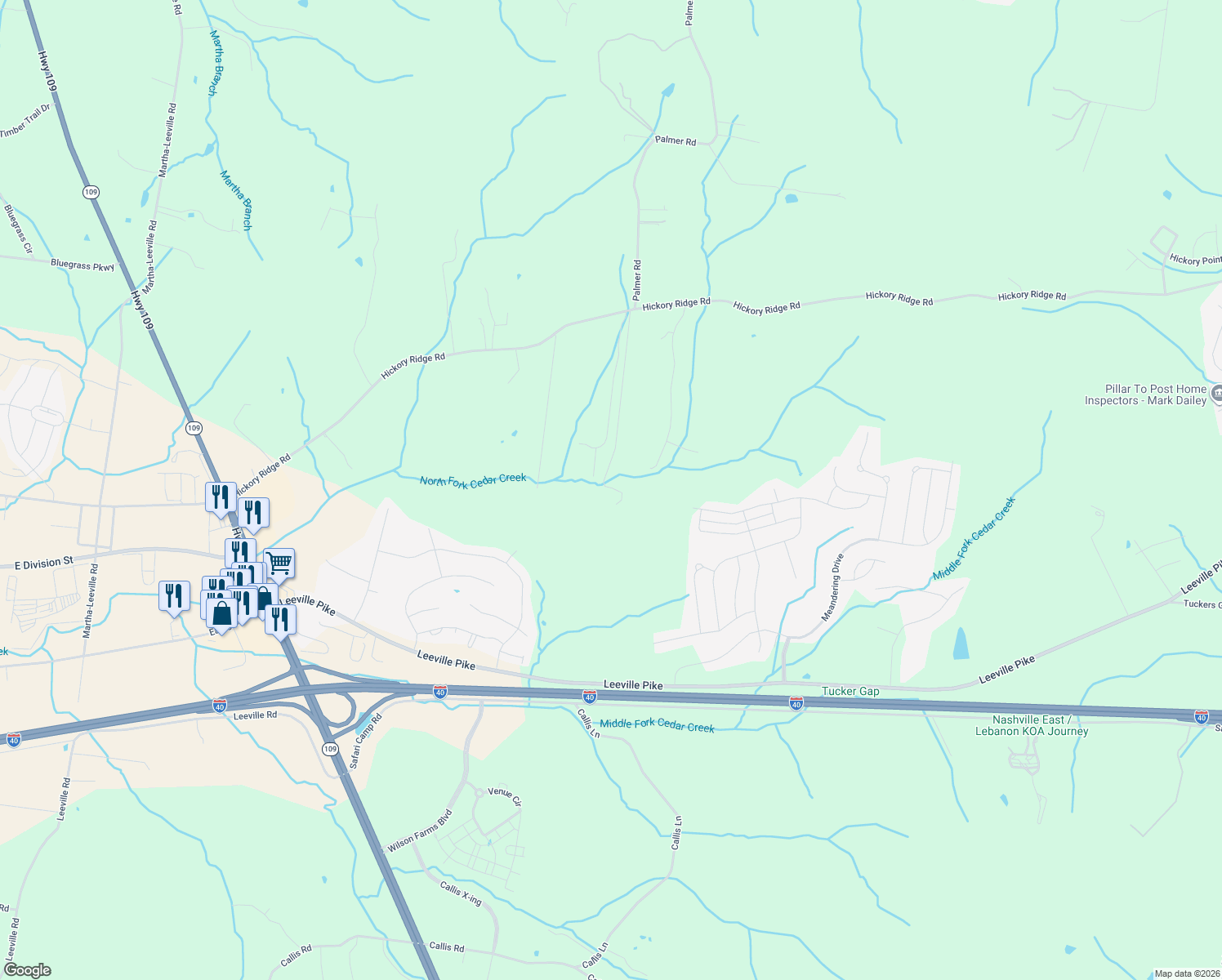 map of restaurants, bars, coffee shops, grocery stores, and more near 5290 Hickory Ridge Road in Lebanon