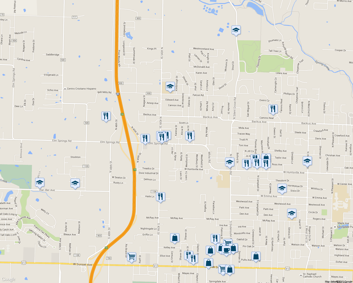map of restaurants, bars, coffee shops, grocery stores, and more near 3732 Elm Springs Road in Springdale