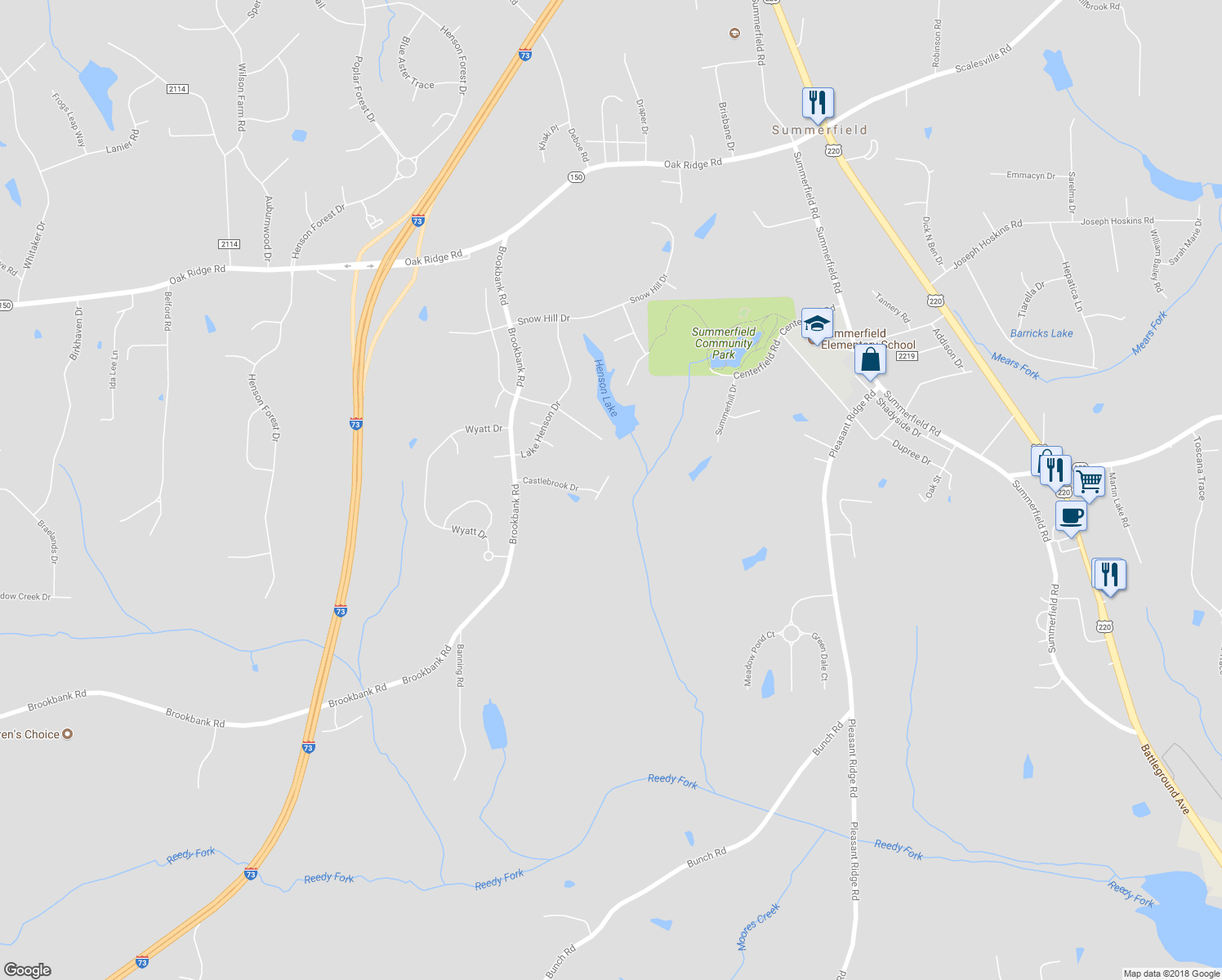map of restaurants, bars, coffee shops, grocery stores, and more near 7013 Marseilles Court in Summerfield