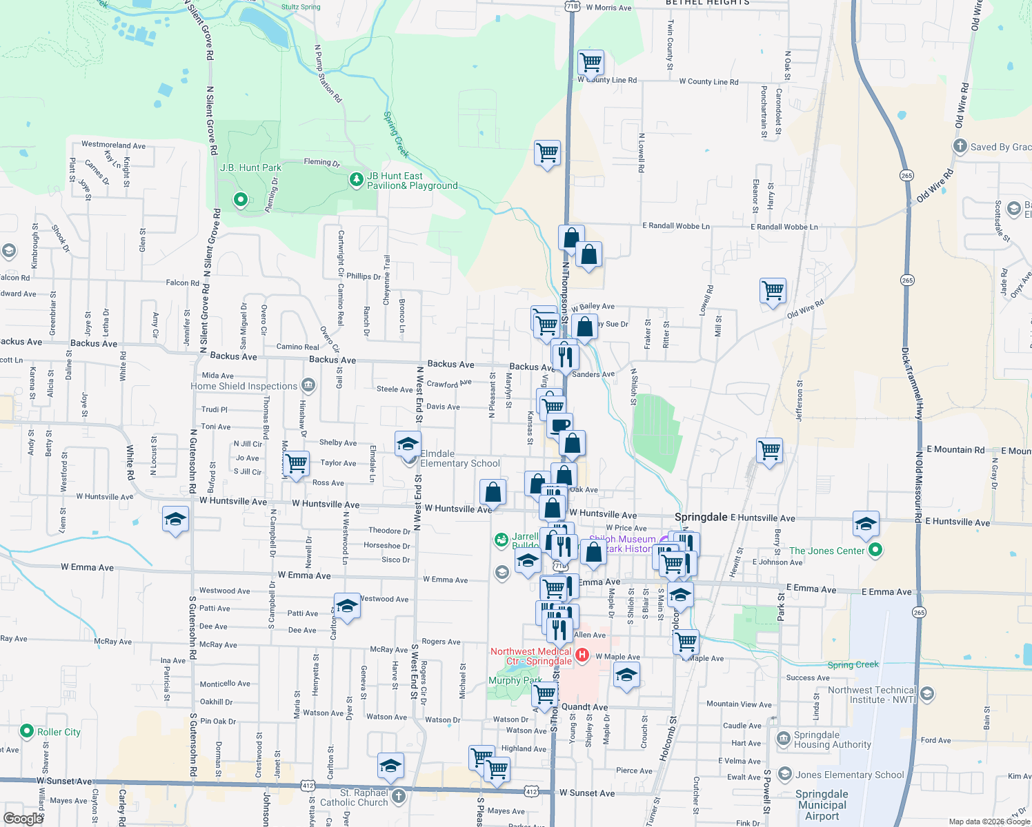 map of restaurants, bars, coffee shops, grocery stores, and more near 905 Marylyn Street in Springdale