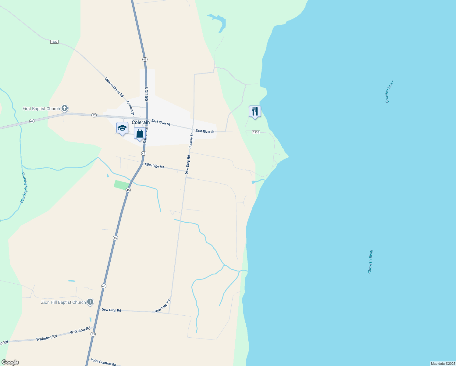 map of restaurants, bars, coffee shops, grocery stores, and more near 131 Chowan Shores Drive in Colerain