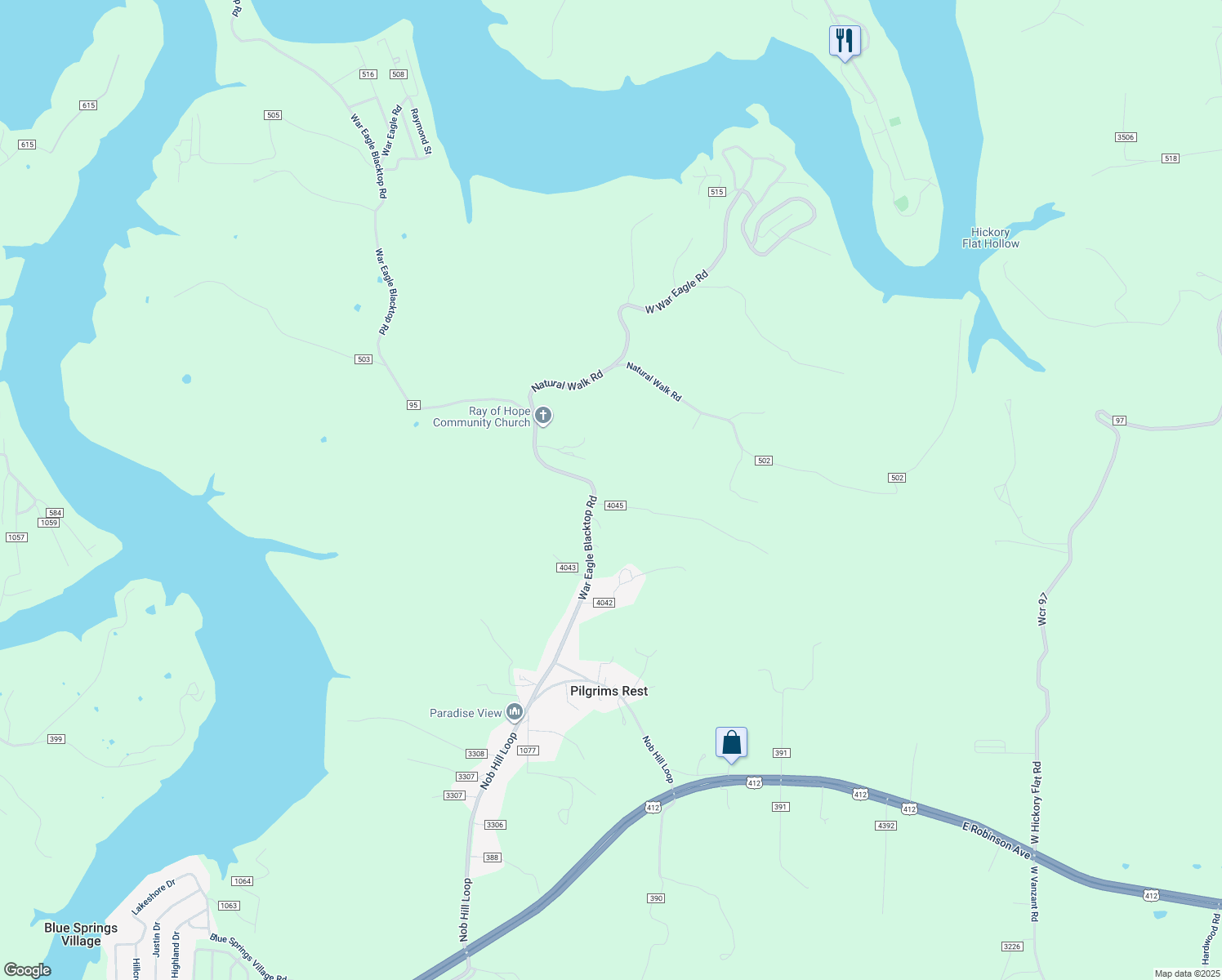 map of restaurants, bars, coffee shops, grocery stores, and more near 21864 War Eagle Blacktop Road in Springdale