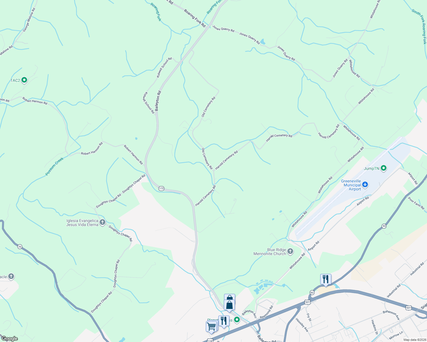 map of restaurants, bars, coffee shops, grocery stores, and more near 143 Old Cemetery Road in Greeneville