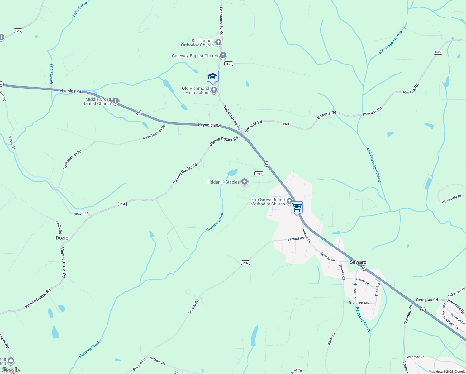 map of restaurants, bars, coffee shops, grocery stores, and more near 4725 Montford Rd in Pfafftown