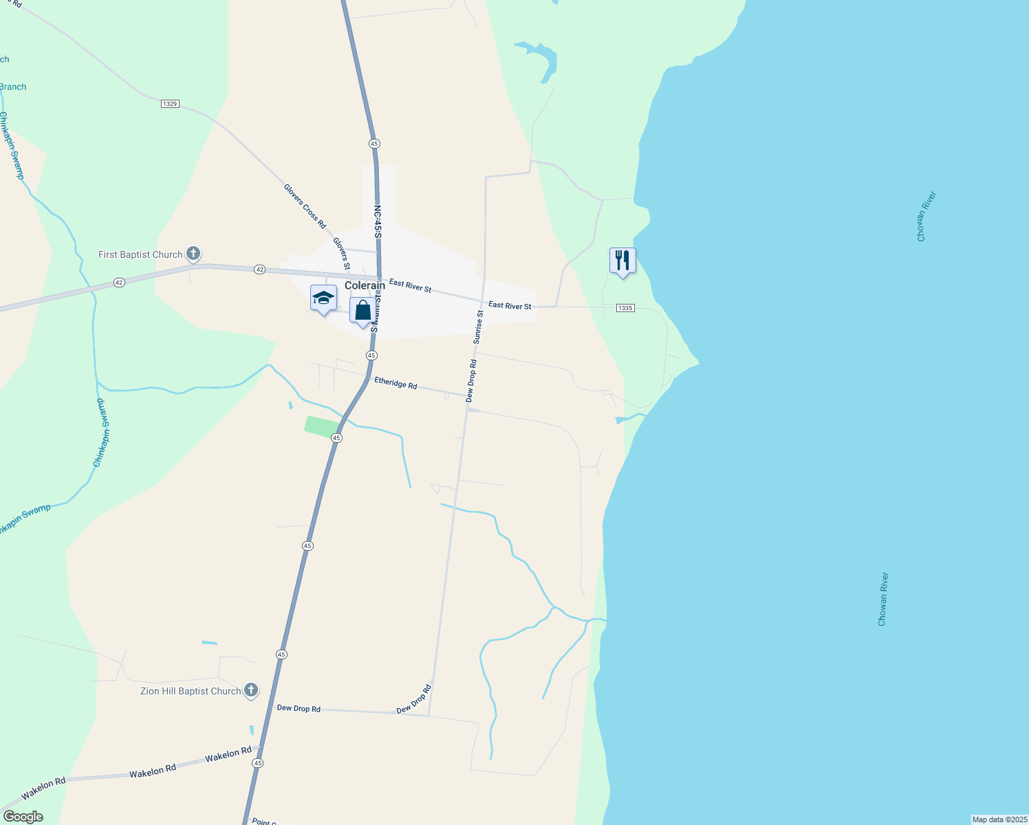 map of restaurants, bars, coffee shops, grocery stores, and more near 115 Chowan Shores Drive in Colerain
