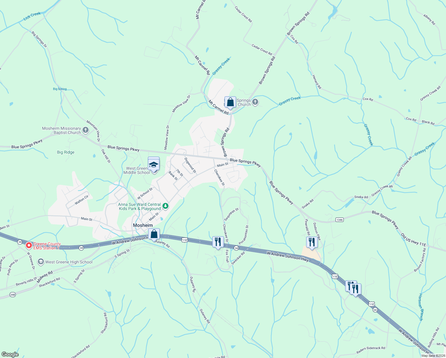 map of restaurants, bars, coffee shops, grocery stores, and more near 526 Cherokee Street in Mosheim