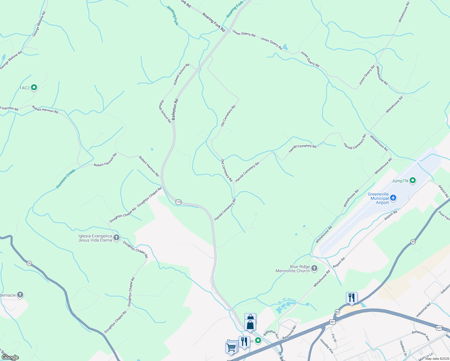map of restaurants, bars, coffee shops, grocery stores, and more near 143-145 Old Cemetery Rd in Greeneville