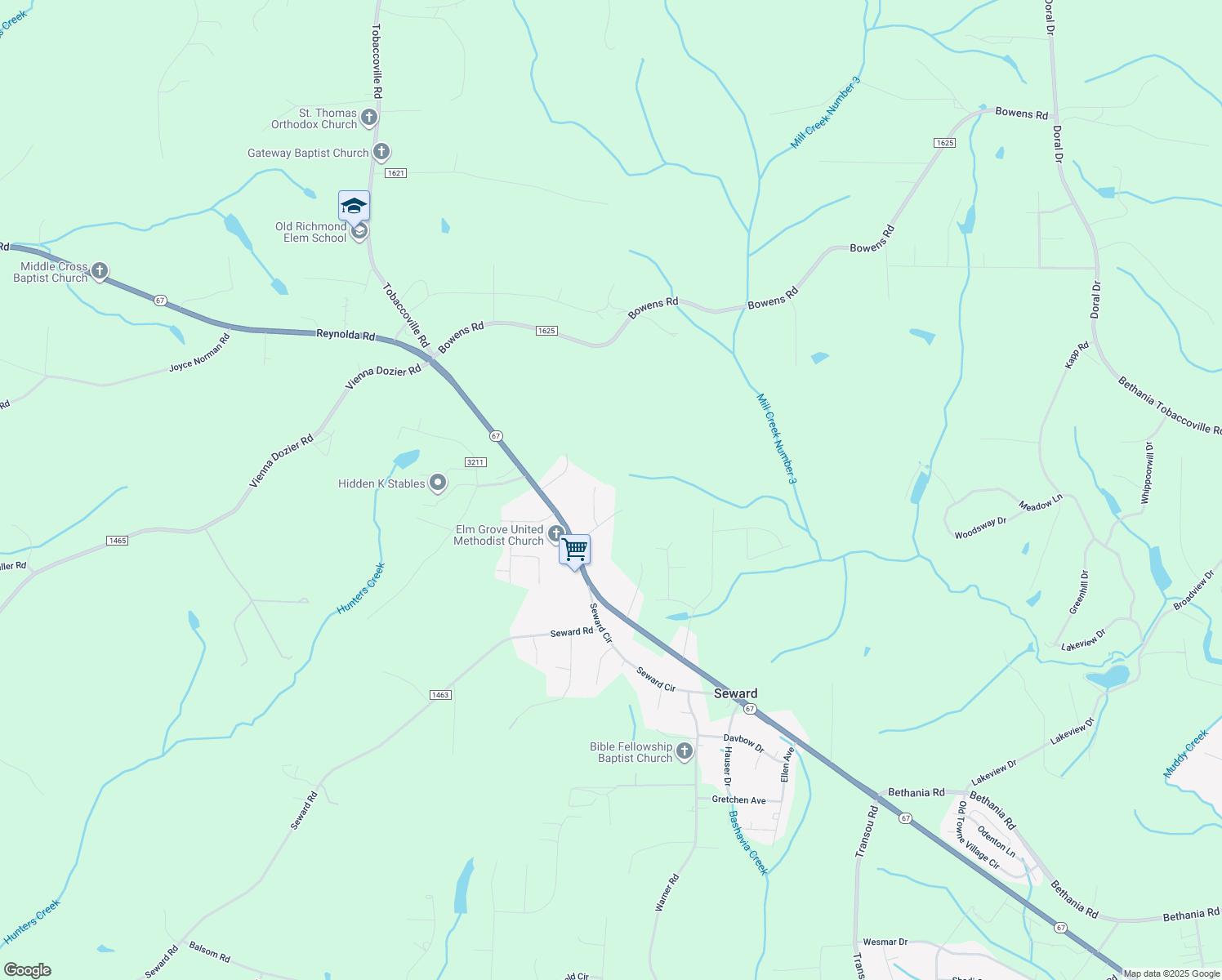 map of restaurants, bars, coffee shops, grocery stores, and more near 7251 Wanda Vista Ln in Pfafftown