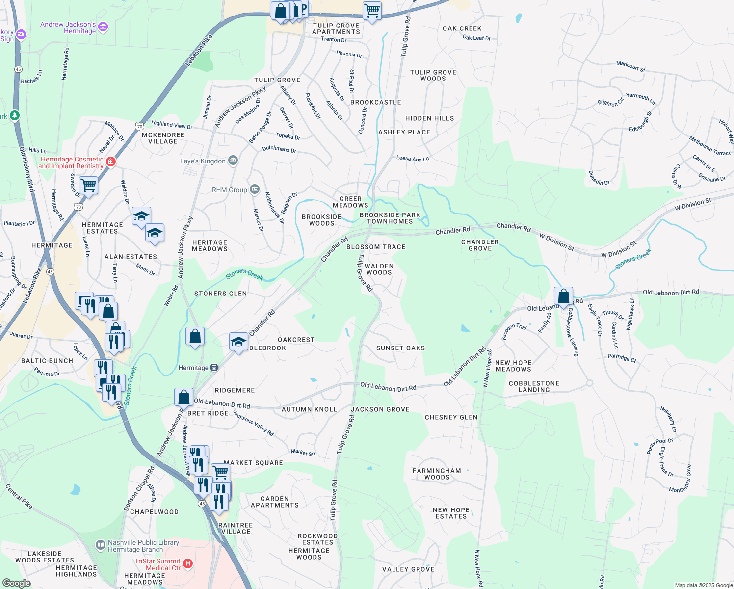 map of restaurants, bars, coffee shops, grocery stores, and more near 864 Tulip Grove Road in Nashville